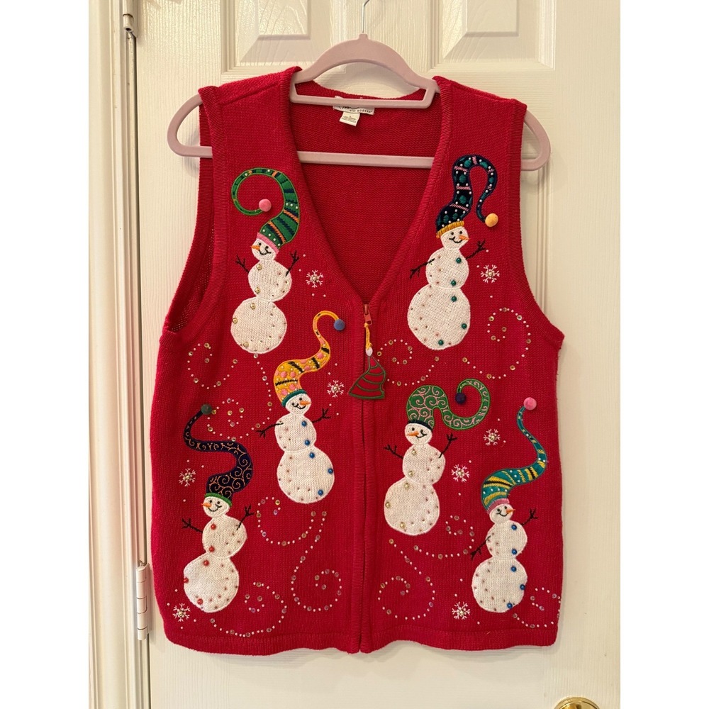 Kim Rogers Womens L Christmas Snowman‎ Vest Red Sleeveless Embellished Holiday